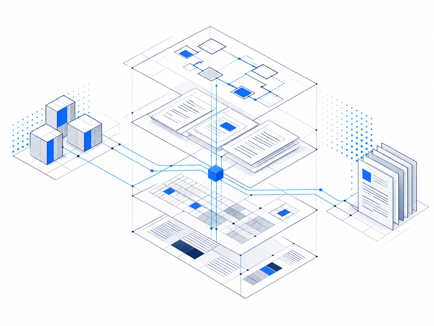 Line illustration of connected enterprise software, procurement, finance, inventory, and project workflows