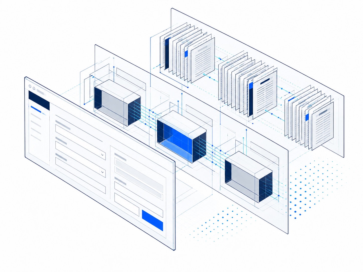 Line illustration of a digital service portal connected to workflows and institutional records